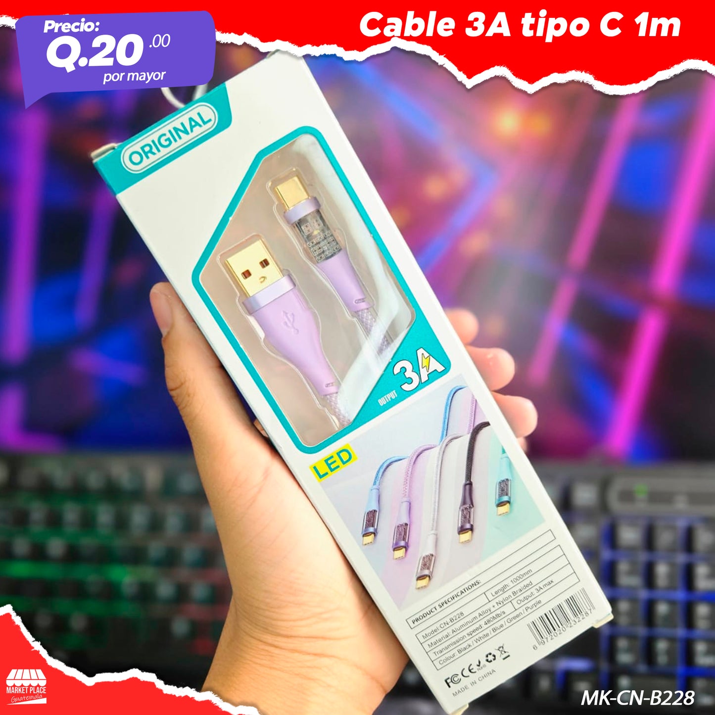 Cable 3.A tipo C 1m MK-CN-B228