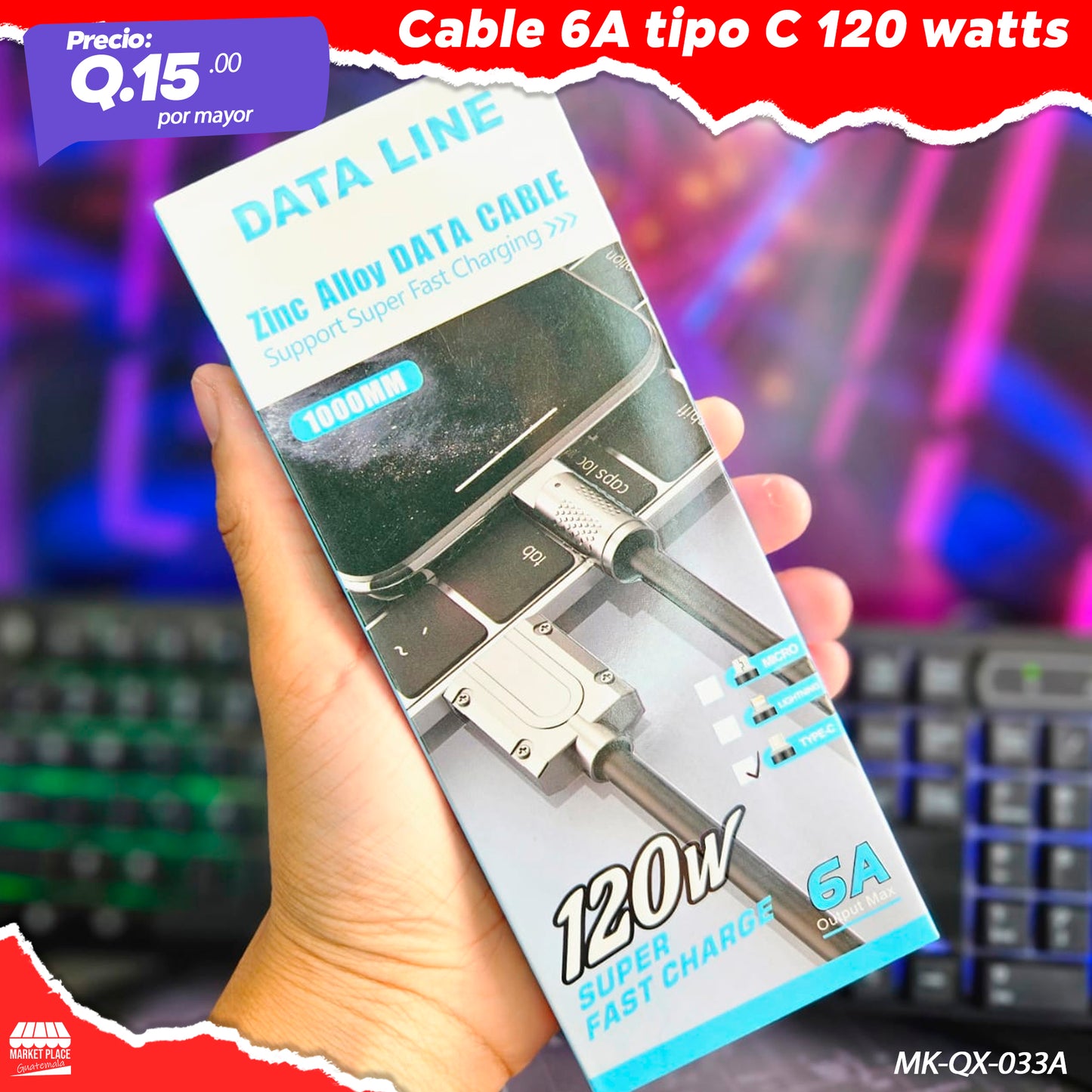 Cable 6.A tipo C 120 watts MK-QX-033A