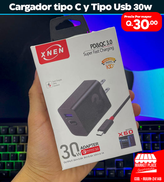 Cargador Tipo C y Tipo USB 30 w