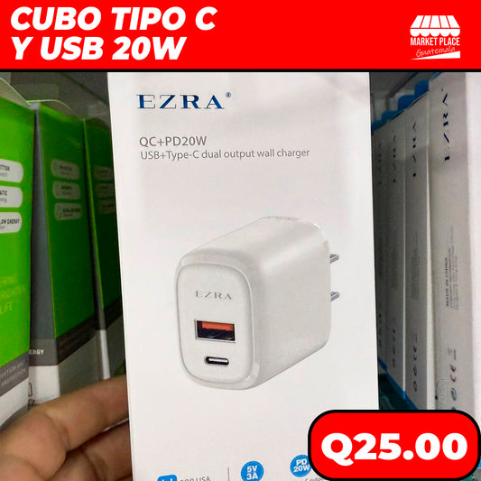 Cubo tipo C y Tipo USB de 20 watts Marca EZRA