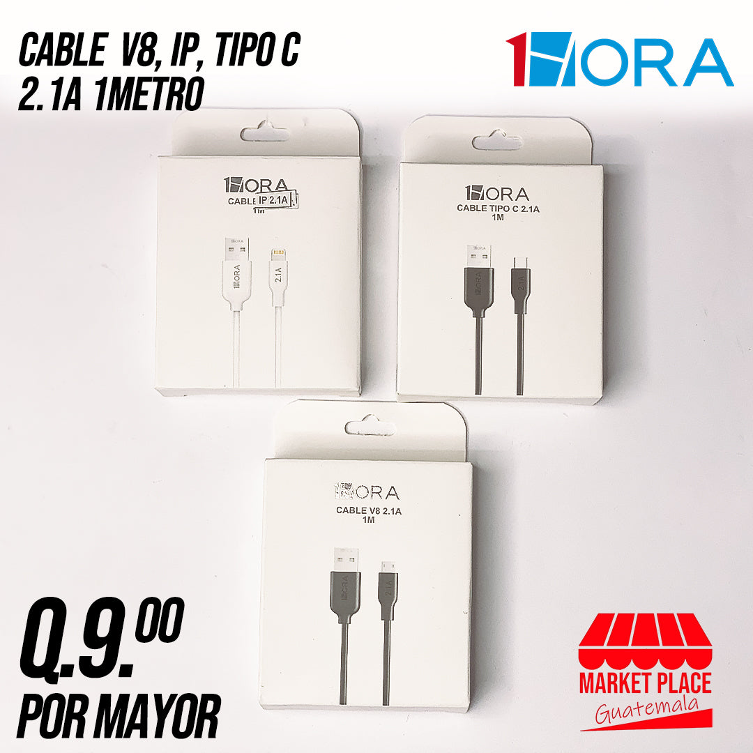 Cables Tipo C,IP,V8 - 2.1A 1 metro - CAJITA