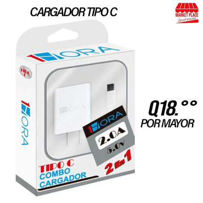 Cargador Tipo C 1 hora 2.0A Cable+Cubo