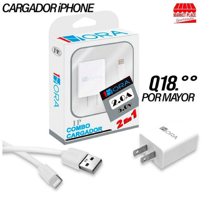 Cargador Tipo iPhone Lightning 1 hora 2.0A Cable+Cubo